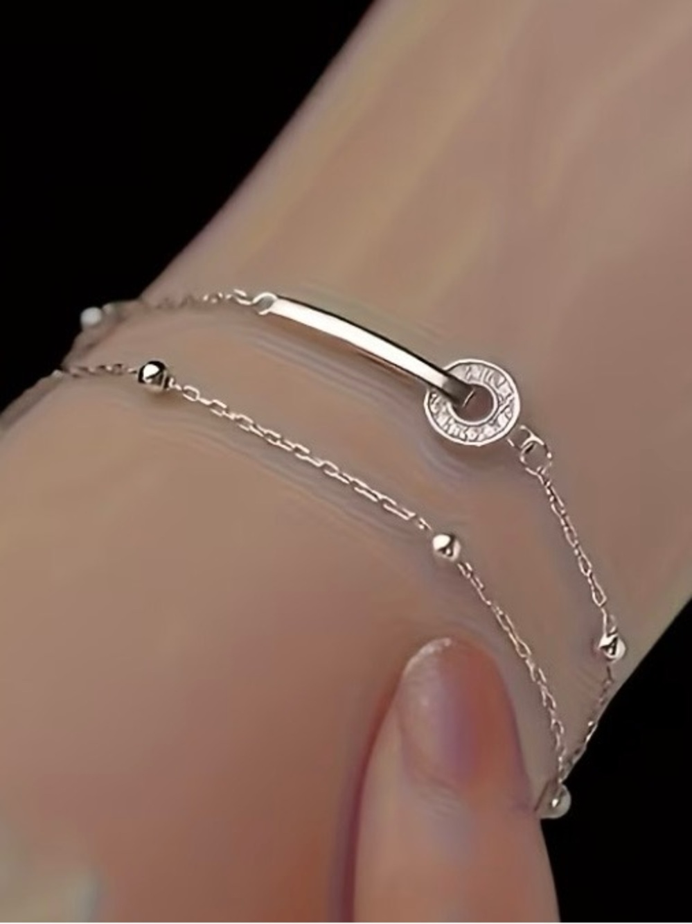 Delicate Double-Layer Sterling Silver Bracelet with Bar and Disc Accent